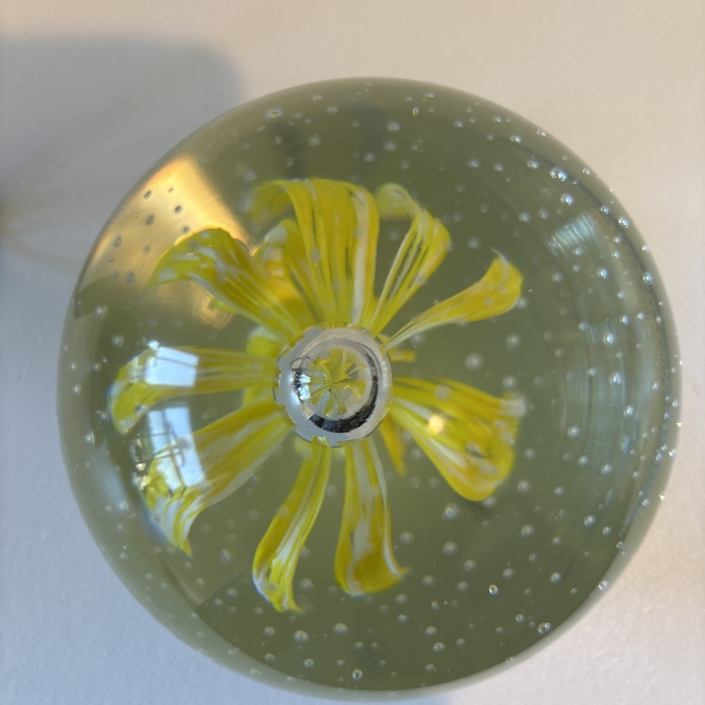 Vintage Glass Paperweight Yellow Flower with Controlled Bubble 3"‎ X 3"